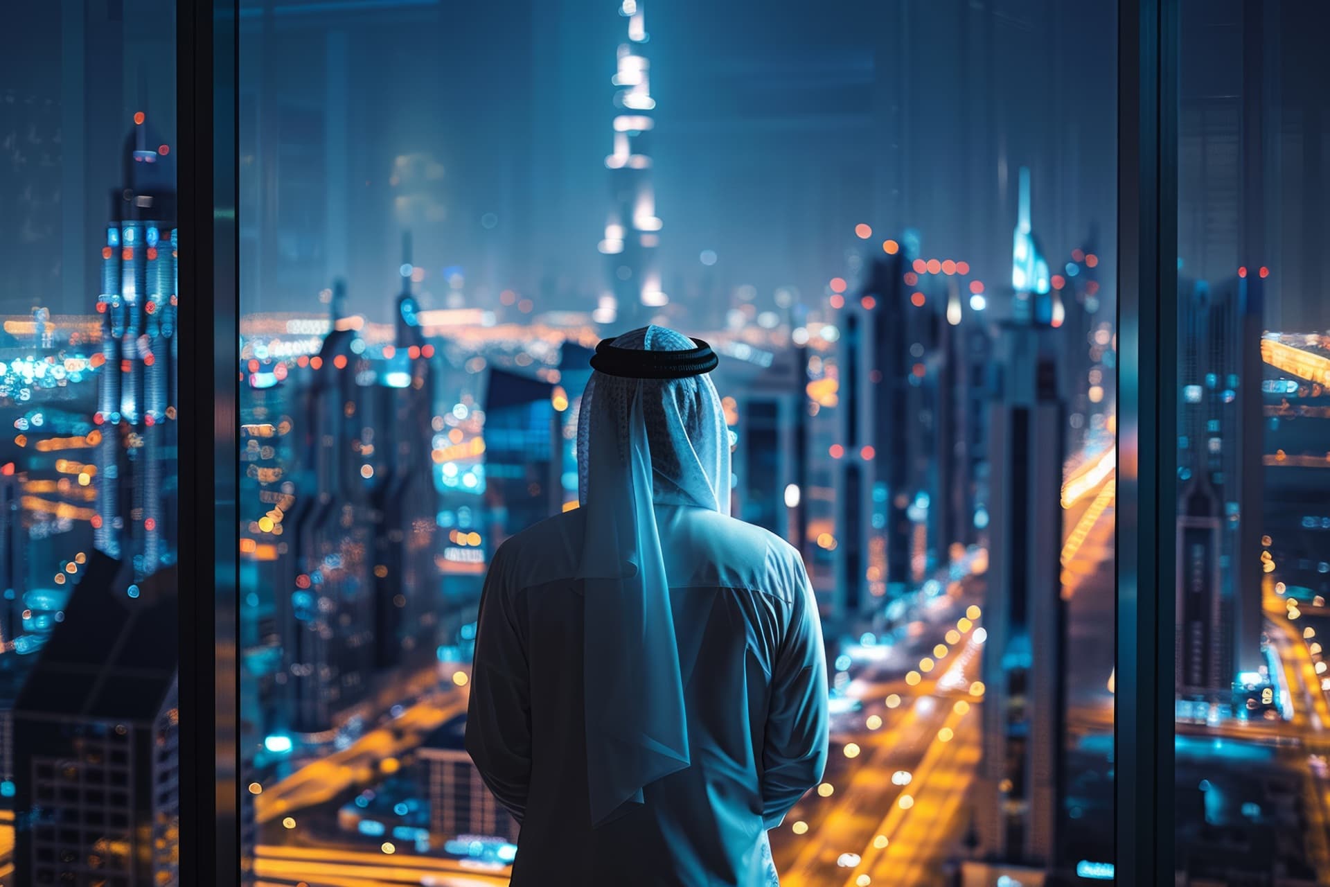 Abu Dhabi city skyline illuminated at night